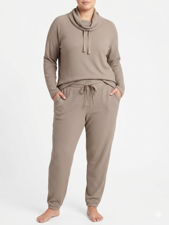 Joe Fresh Other - 2pc Set Taupe Waffle Knit Lounge Set Cowl Neck & Joggers Women’s Size L
